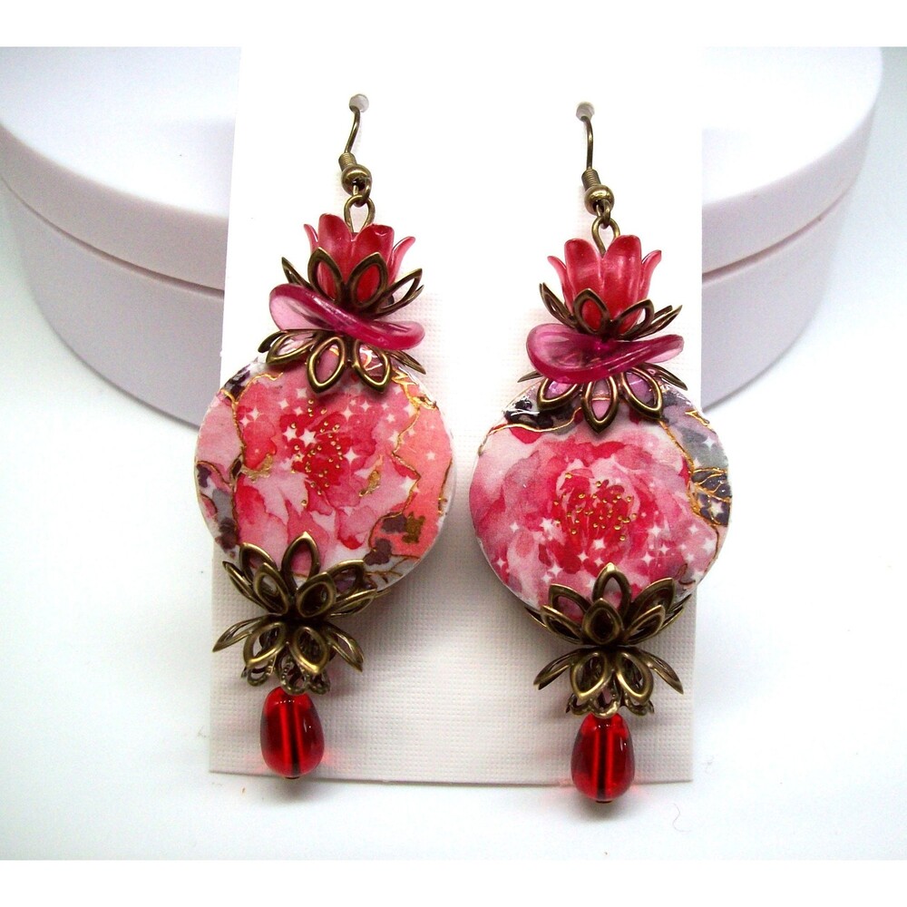 Boho Flower Earrings Dangle, Decoupage, Vintage Style, Bronze,